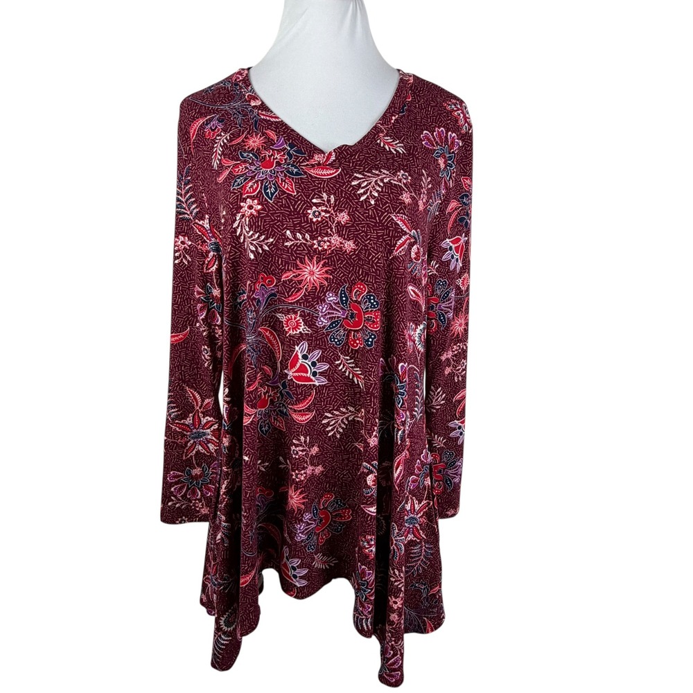 Lildy Burgundy Floral Handkerchief‎ Hem Tunic Top with Pockets Women's L-XL
